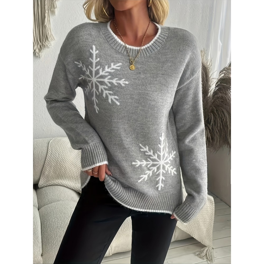 Women'S Soft Round Neck Snowflake Sweater - All-Season Casual & Semi-Formal Pullover with Snowflake Pattern, Cozy Winter Sweater for Everyday & Special Occasions, Durable Easy-Care Knitwear (No Shrinkage)