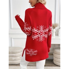 Women's Elegant Snowflake Christmas Sweater - High Neck Long Sleeve Red Winter Top, Festive Holiday Party Outfit, Cozy Winterwear Blouse