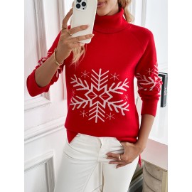 Women's Elegant Snowflake Christmas Sweater - High Neck Long Sleeve Red Winter Top, Festive Holiday Party Outfit, Cozy Winterwear Blouse