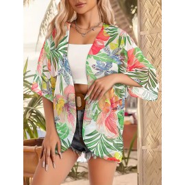 Women'S Floral Print Open Front Cardigan, Polyester Half Sleeve Casual Top with Collarless Design and Non-Stretch Fabric for Spring/Summer/Fall Festive Occasions