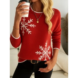 Women'S Snowflake Print Sweater - Winter Season, Holiday Style, Long Sleeves, Contrast Trim, Trendy Holiday Fashion, Ideal For Christmas Parties, Winter Outings, And Festive Events