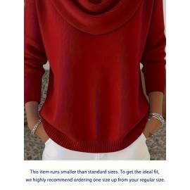 Christmas Green Elegant Long Sleeve Cowl Neck Sweater - Solid Color Minimalist Top, Women'S Winter Warm Pullover