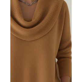 Christmas Green Elegant Long Sleeve Cowl Neck Sweater - Solid Color Minimalist Top, Women'S Winter Warm Pullover