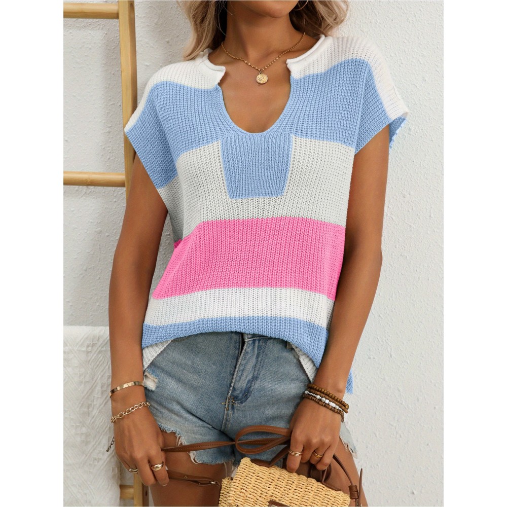 Women's Pastel Pink & Purple Striped Sweater - Oversized V-Neck Long Sleeve Blouse, Loose Fit Casual Summer Top with Round Neckline for Beach Outfits, Brunch Dates & Casual Attire, Machine Washable Layering Piece (Pink/Purple/White/Peach), Soft Fabric for Comfort, Relaxed Fit for Jeans Shorts & Dresses, Suitable for Beach Travel and Casual Outings