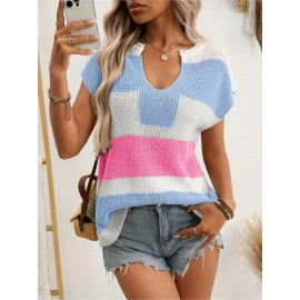 Women's Pastel Pink & Purple Striped Sweater - Oversized V-Neck Long Sleeve Blouse, Loose Fit Casual Summer Top with Round Neckline for Beach Outfits, Brunch Dates & Casual Attire, Machine Washable Layering Piece (Pink/Purple/White/Peach), Soft Fabric for Comfort, Relaxed Fit for Jeans Shorts & Dresses, Suitable for Beach Travel and Casual Outings