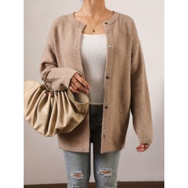 Women's Elegant Long Cardigan Sweater with Button Front Placket & Drop Shoulder Sleeves - Soft Winter Coat, Regular Length Fall/Winter Outerwear (No Chest Padding/) - Casual to Office Wear for Layering over Dresses, Blouses & Trousers