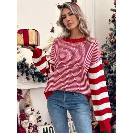 Women's Red & White Striped Sweater - Soft Stretchy Crewneck Sweater with Black Piping & Horizontal Stripes, Elegant Winter Sweater for Christmas Parties, Family Gatherings, Cozy Holiday Outfits (Pink/Beige/Brown/Navy) - Versatile