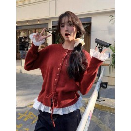 Women's Elegant Lace Patchwork & Tie Waist Loose Cardigan Sweater - Off-Shoulder/Boat Neck Jacket, Cozy Fall/Winter Outerwear, Machine Washable Layering Piece for Blouses & Trousers (Patchwork Design)