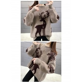 Women'S Elegant Deer Jacquard Sweater - Soft Round Neck Loose Fit Winter Sweater with Deer & Foliage Pattern, Cozy Fall Winter Sweater for Casual & Semi-Formal Outfits, Korean Fashion Style (GreenBrown) - Versatile Layering Piece