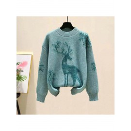 Women'S Elegant Deer Jacquard Sweater - Soft Round Neck Loose Fit Winter Sweater with Deer & Foliage Pattern, Cozy Fall Winter Sweater for Casual & Semi-Formal Outfits, Korean Fashion Style (GreenBrown) - Versatile Layering Piece