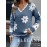 Block Long-Sleeve Sweater, Warm and Gentle with Plush Flower Prints and Lace V-Neck, Gentle Lazy and Sweet Fashionable and Elegant, Blue Color, Best-Selling Item on Pre-Order