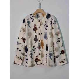 Women's Casual Cat Print Cardigan - Long Sleeve Round Neck Open Front Sweater with Button Closure, Machine Washable Spring/Fall Layering Piece for Casual Attire, Cat Sweater, Durable Knitwear
