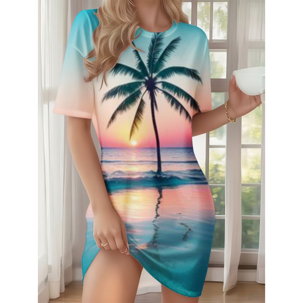 Women'S Plus Size Tropical Palm Tree Pajamas - All-Season Short Sleeve Nightgown with Round Neck, Vibrant Turquoise & Pink Ombre Print, Lightweight Sleepwear, Machine Washable Beach-Themed Lounge Dress for Women, Casual Comfort Fit with Tropical Sunset Scene, Relaxed Fit, No Belt, Pullover Style, No Padding, Hand Washable, All-Season Wear, Short Sleeve Skirt Design, Cozy Resort Style for Home and Travel, Beach Dress, Plus Size Women Dress, Summer Dress Women, Curvy Plus Dress, Dress