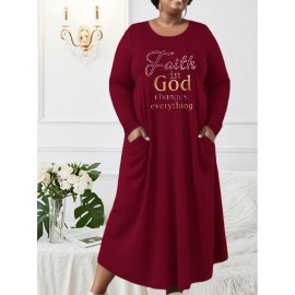 Women's Plus Size Long Maxi Dress with Faith In God Changes Everything - Maroon Religious Dress, Machine Washable Church Outfit, Loose Fit Fall Winter Formal & Casual Wear, Faithbased Apparel, Elegant Longsleeve Design, Comfortable Fabric