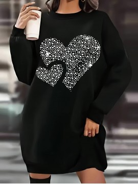 Plus Size - Plus Size Women'S Elegant Black Sequin Heart Print Sweater Skirt - Loose Fit Long Sleeve Crew Neck Pullover, Machine Washable Comfortable Fabric For Spring/fall Casual & Semi-formal Wear, Spring Fall Apparel