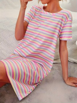 Casual Striped T-Shirt for Women - Made from a Breathable And Durable Polyester Blend, Featuring a Crew Neck, Opaque Design, Suitable for All Seasons, Comfortable Nightwear with a Relaxed Fit And Stretchy Fabric, Plus Size Women Dress, Women Plus Size Dress, Summer Dress Women, Plus Size Women Summer Dress, Curvy Plus Dress, Dress For Women Plus Size, Plus Size Dress For Women, Summer Dress For Women, Dress For Women Summer, Plus Size Summer Dress, Women Plus Sized Dress, Plus Size