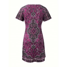 Women'S Ethnic Print Summer Dress - V-Neck, Short Sleeve, Bodycon Fit, Long Length, Flared Hem, Casual Style for Outdoor Activities, Casual Summer Dress | Vneck Dress | Stretchy Fabric