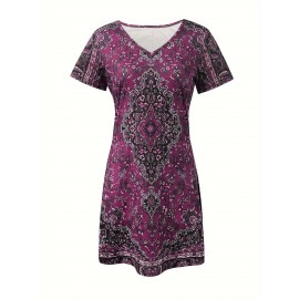 Women'S Ethnic Print Summer Dress - V-Neck, Short Sleeve, Bodycon Fit, Long Length, Flared Hem, Casual Style for Outdoor Activities, Casual Summer Dress | Vneck Dress | Stretchy Fabric