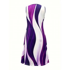 Summer New Arrival Women'S Resort-Style Color-Block Stripe Print Tank Dress- Purple/ White/ Black Round Neck Sleeveless, Lightweight Breathable Machine-Washable for Beach Vacations, Casual Outings& Weekend Getaways, Summer Tank Tops