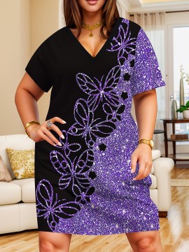 Ladies Elegant 3D Purple Glitter Butterfly Print V-Neck Short Sleeve Dress - Fit Stretch Black Purple Party Dress, Machine Washable, Suitable for Casual and Formal Settings, Comfort Edition
