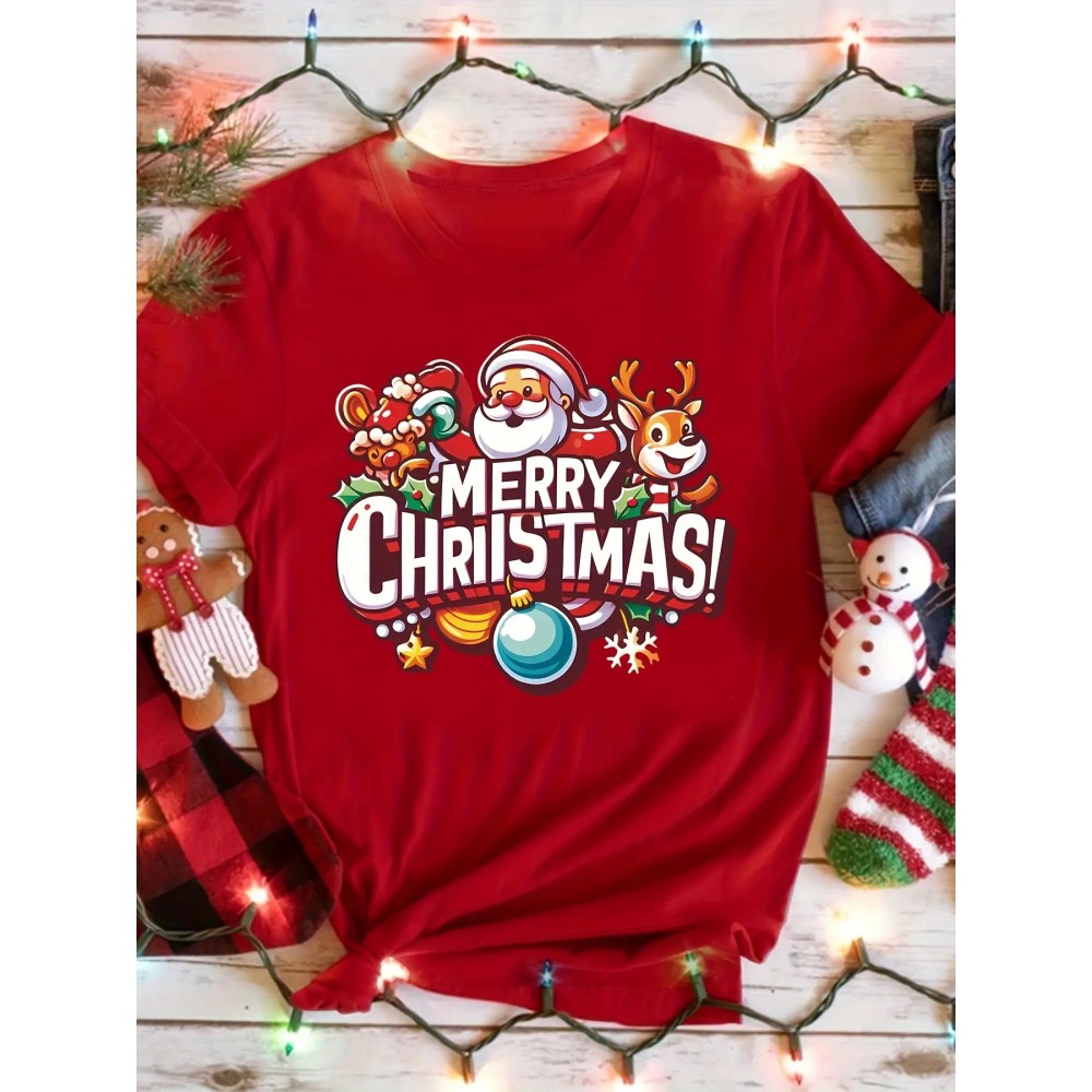 Women's Red Christmas T-Shirt with Santa & Reindeer Print, Merry Christmas Lettering & Gingerbread Men - Casual Round Neck Short Sleeve Holiday Party Outfit, All-Season Wear (Machine Washable) - Festive Gift Apparel