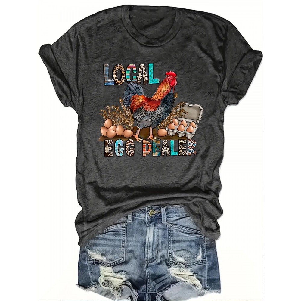Women's Easter Graphic T-Shirt - Farmhouse Chicken Egg Dealer Design Crew Neck Tee - Dark Grey Casual Top - Machine Washable Everyday & Easter Party Shirt for Women, Holiday Celebration, Seasonal Fashion, Geometric Pattern, Breathable Fabric, Comfortable Material, Printed Blouse, Holiday Shoppers