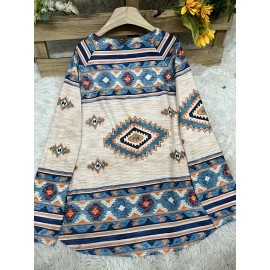 Women'S Southwest-Style Geometric Print Long-Sleeve Top - Elastic V-Neck Casual Shirt, Machine Washable Translucent Fabric with Turquoise/Orange/Black/Beige/White/Gray Patterns, Resort Wear & Everyday Elegant Blouse for Fall Winter Layering, Southwestern Bohemian Style Clothing, Regular Fit with Intricate Geometric Design, Stretchy Material for Comfort, Spring/Summer Wear, Pullover Style with Long Sleeves, Women Top And Blouse, V Neck T Shirt For Women, Fall Shirt For Women, White Top