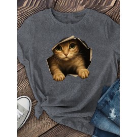[Cute Orange Kitten T-Shirt] Lightweight Comfortable Fit Women's Cute Orange Kitten Peeking from Torn Hole Graphic T-Shirt - Red Casual Everyday Tee for Pet Lovers - Medium Elasticity Fabric Spring Summer Apparel