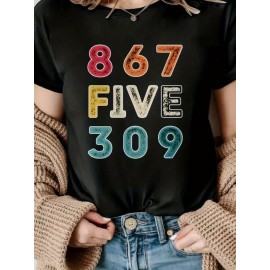 [Vibrant Graphic Tee] Vibrant Purple Women's Casual Short-Sleeve T-Shirt with Bold 867 FIVE 309 Graphic Print | Round Neck Top, Sporty Comfort Fit, Machine Washable Spring Summer Tee, Ladies T Shirts, Casual Attire, Soft Fabric