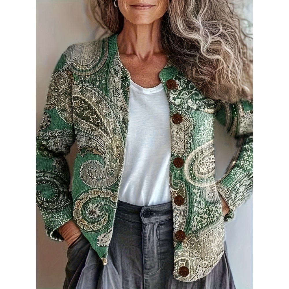 Plus Size - Elegant 2D Printed Geometric Pattern Cardigan - Cozy Fall/Winter Sweater with Button Details, Stretchy Fabric, Long Sleeve, Round Neck, Autumn Winter Apparel | Stylish Cardigan | Constructi