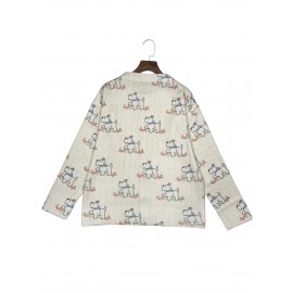 [Constructi] Plus Size Women's Elegant Dog Print Cardigan | Cozy Fall/Winter Sweater, Soft & Pug Pattern, Button Front, Long Sleeve, Round Neck, All-Over Dog Design, Casual Wear | Playful Dog Design