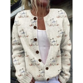 [Constructi] Plus Size Women's Elegant Dog Print Cardigan | Cozy Fall/Winter Sweater, Soft & Pug Pattern, Button Front, Long Sleeve, Round Neck, All-Over Dog Design, Casual Wear | Playful Dog Design