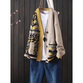 Plus Size, Women's Casual Geometric Color Block V-Neck Cardigan - Loose Fit Spring/Fall Sweater with Yellow & Brown Patterns, Machine Washable, Cute Sweaters, Fall Fashion, Stylish Knitwear, Cozy Fabric, Versatile Top, Spring Collection