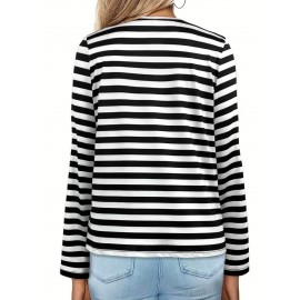 Plus Size - Plus Size, Women'S Plus-Size Elegant Long Sleeve Cardigan - Tie-Up Front, All-Over Black & White Horizontal Lines, Open Front Closure, Non-Stretchy Fabric for Fall/Winter Layering - Office, Party, Everyday Outfits - Women'S Sweater, Cardigan Sweater, Winter Layering Piece, Round Neckline, Durable Knitwear, Office Attire, Classic Design, Quality Stitching, Stylish Sweater, Fashion Lovers