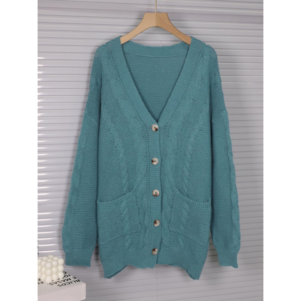 [Plus Size Cable Cardigan] Plus Size Women's Cable Cardigan - V-Neck, Loose Fit, Long Sleeve, Solid Teal, Medium Stretch, Fall/Winter, Casual & Outdoor Wear | Cardigan Sweater