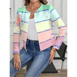 Plus Size - Plus Size Women'S Elegant Pastel Short Cardigan - Soft Pastel Pink, Mint Green, Lavender, Yellow, Brown & Golden Horizontal Striped Sweater with & Patterns, Long Sleeve Open Front Design, Machine Washable Cozy Fall Winter Layering Piece