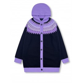 Plus Size, 2D FLAT PATTERN Soft Jacquard Glacier Snow Mountain Hooded Cardigan, Elegant, Fashionable, Comfortable, Casual And Retro Hooded Coat