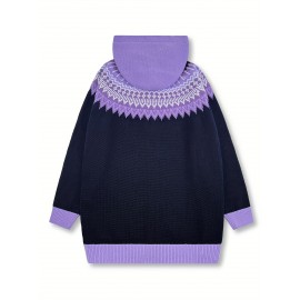 Plus Size, 2D FLAT PATTERN Soft Jacquard Glacier Snow Mountain Hooded Cardigan, Elegant, Fashionable, Comfortable, Casual And Retro Hooded Coat