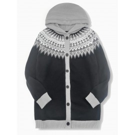 Plus Size, 2D FLAT PATTERN Soft Jacquard Glacier Snow Mountain Hooded Cardigan, Elegant, Fashionable, Comfortable, Casual And Retro Hooded Coat