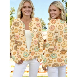 Plus Size, Plus Size Women's Kawaii Donut & Coffee Print Cardigan - Oversized Beige Jacket with Cute Dessert Buttons, Cozy Winter Sweater for Casual Outfits, Themed Parties & Dessert (Pink/Green/Blue/Yellow)