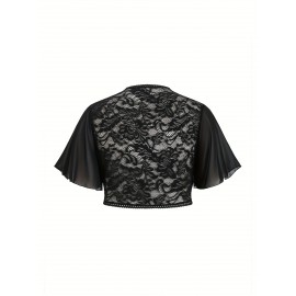 Plus Size, European and American Fashion Women's Spring-Summer New Arrival Chiffon Butterfly Sleeve Contrast Lace Bolero Shoulder Top Oversized Cardigan