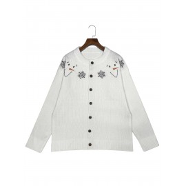 Plus Size, Women's Plus Size Winter 3D Snowman & Snowflake Cardigan Sweater - Cozy Round Neck Button Front Closure, Short Sleeve Winter Coat with Chest Snowman Design, Machine Washable Casual Outerwear for Fall & Spring Layering