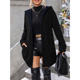 Plus Size, Plus Size Winter Reversible Hooded Jacket with Pockets - Elegant -Like Collar & Lap Jacket, Burgundy/Black Color-Block Coat, Machine Washable Long Outerwear for Plus-Size Ladies (No Closure, Fall/Winter)