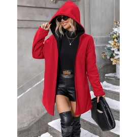Plus Size, Plus Size Winter Reversible Hooded Jacket with Pockets - Elegant -Like Collar & Lap Jacket, Burgundy/Black Color-Block Coat, Machine Washable Long Outerwear for Plus-Size Ladies (No Closure, Fall/Winter)