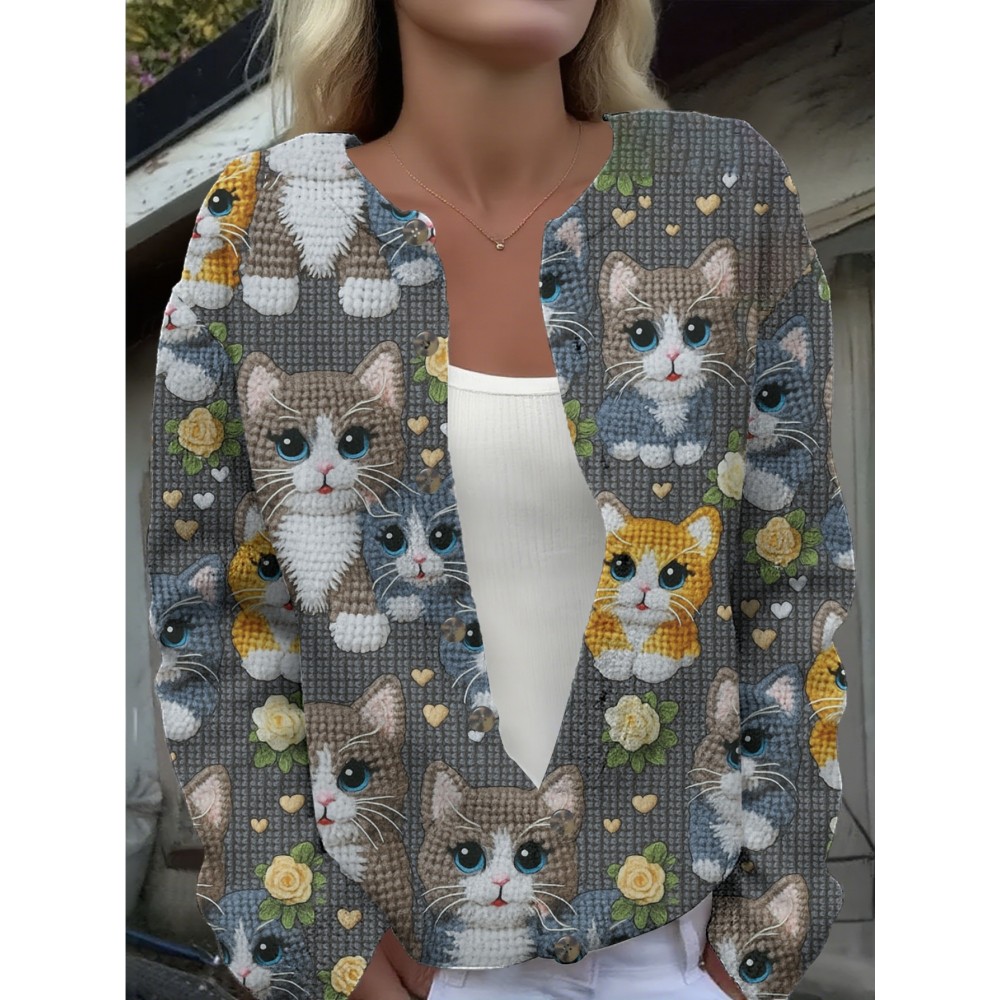 Plus Size, Plus-Size Women's Oversized 3D Printed & Kitten Cardigan Sweater - Soft Polyester Jacket with Button Front, Cute Tabby/Tuxedo/Calico Patterns, Spring/Fall Outerwear (Machine Washable) for Pet Lovers