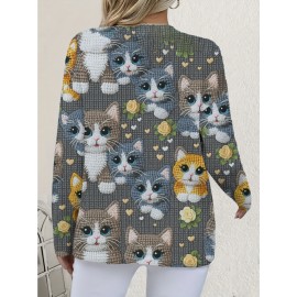 Plus Size, Plus-Size Women's Oversized 3D Printed & Kitten Cardigan Sweater - Soft Polyester Jacket with Button Front, Cute Tabby/Tuxedo/Calico Patterns, Spring/Fall Outerwear (Machine Washable) for Pet Lovers