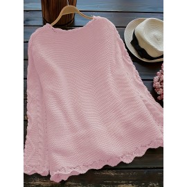 Plus Size, Plus Size Women's Casual Open Front Sweater, Long Sleeve with Pocket and Buttoned Scallop Hem