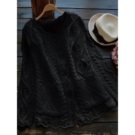 Plus Size, Plus Size Women's Casual Open Front Sweater, Long Sleeve with Pocket and Buttoned Scallop Hem