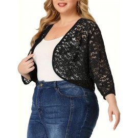 Plus Size Kimono Women Cardigan - Sheer Floral Pattern, 3/4 Sleeve, Open Front Shawl, Casual Spring/Summer Wear, Black, Elegant Event Wear, Short Length, Slight Stretch Fabric, No Lining