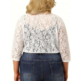 Plus Size Kimono Women Cardigan - Sheer Floral Pattern, 3/4 Sleeve, Open Front Shawl, Casual Spring/Summer Wear, Black, Elegant Event Wear, Short Length, Slight Stretch Fabric, No Lining